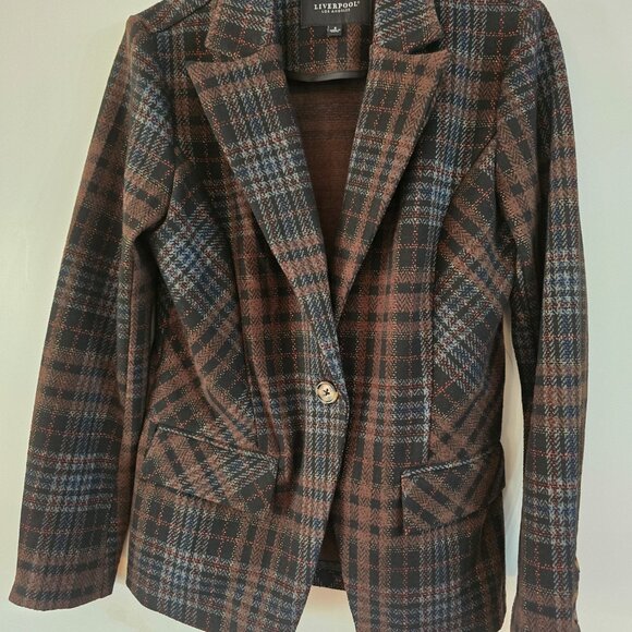 Liverpool Los Angeles Tartan Plaid Notched Blazer Brown and Blue Coat Sz Small - Picture 3 of 6